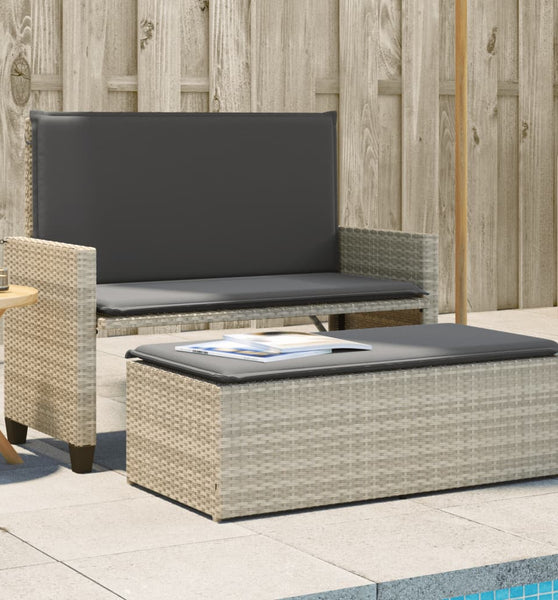 Gartenbank mit Kissen und Hocker Hellgrau Poly Rattan