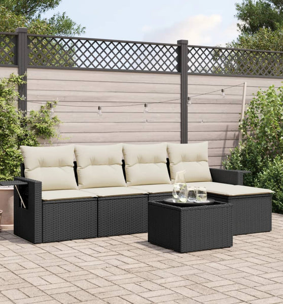 6-tlg. Garten-Sofagarnitur mit Kissen Schwarz Poly Rattan