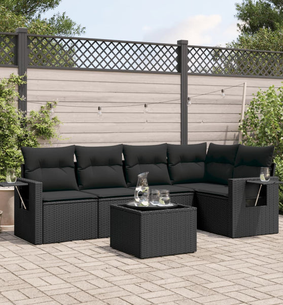 6-tlg. Garten-Sofagarnitur mit Kissen Schwarz Poly Rattan