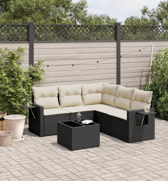 6-tlg. Garten-Sofagarnitur mit Kissen Schwarz Poly Rattan