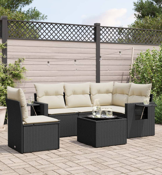 6-tlg. Garten-Sofagarnitur mit Kissen Schwarz Poly Rattan
