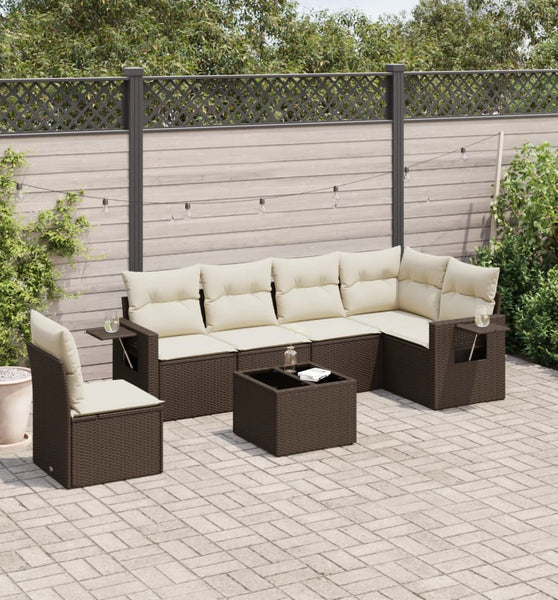 7-tlg. Garten-Sofagarnitur mit Kissen Braun Poly Rattan