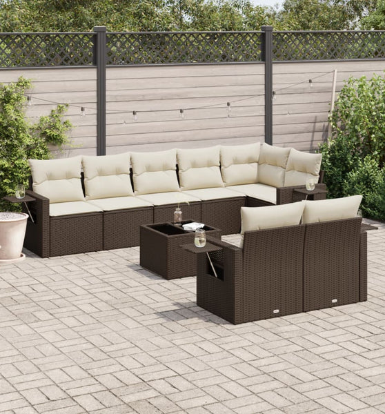 9-tlg. Garten-Sofagarnitur mit Kissen Braun Poly Rattan