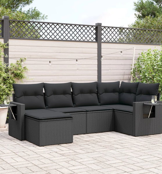 6-tlg. Garten-Sofagarnitur mit Kissen Schwarz Poly Rattan