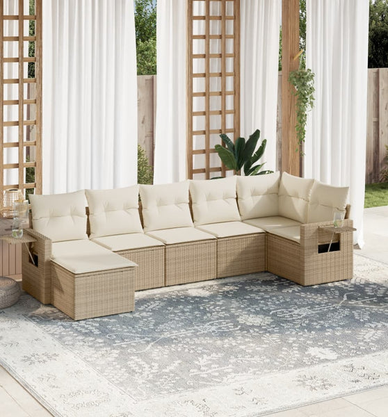 7-tlg. Garten-Sofagarnitur mit Kissen Beige Poly Rattan