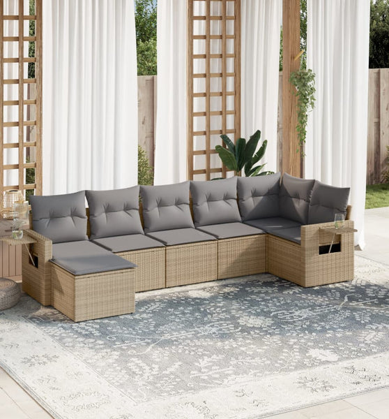 7-tlg. Garten-Sofagarnitur mit Kissen Beige Poly Rattan