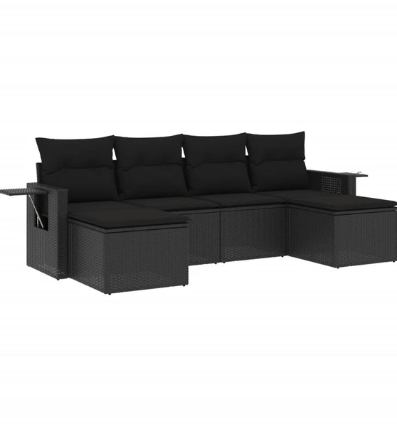 6-tlg. Garten-Sofagarnitur mit Kissen Schwarz Poly Rattan