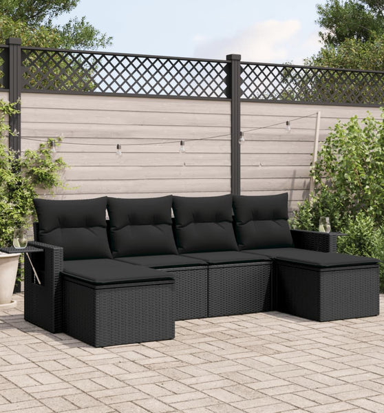 6-tlg. Garten-Sofagarnitur mit Kissen Schwarz Poly Rattan