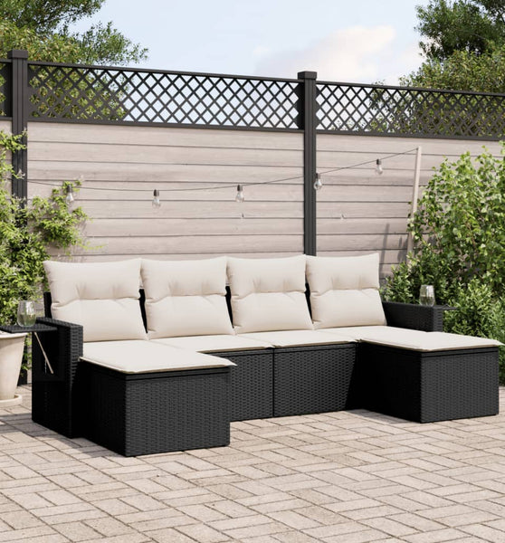 6-tlg. Garten-Sofagarnitur mit Kissen Schwarz Poly Rattan