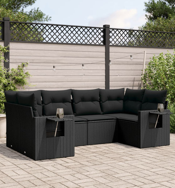 6-tlg. Garten-Sofagarnitur mit Kissen Schwarz Poly Rattan