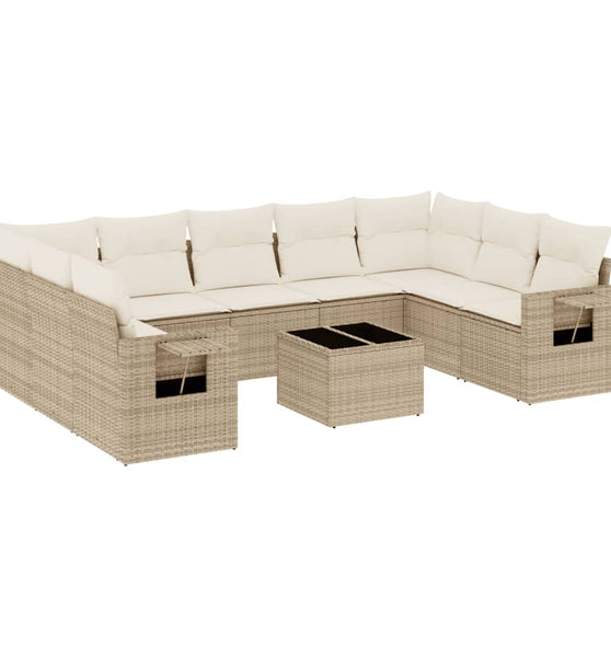 10-tlg. Garten-Sofagarnitur mit Kissen Beige Poly Rattan