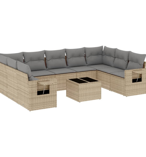10-tlg. Garten-Sofagarnitur mit Kissen Beige Poly Rattan