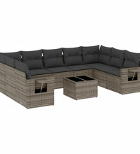 10-tlg. Garten-Sofagarnitur mit Kissen Grau Poly Rattan