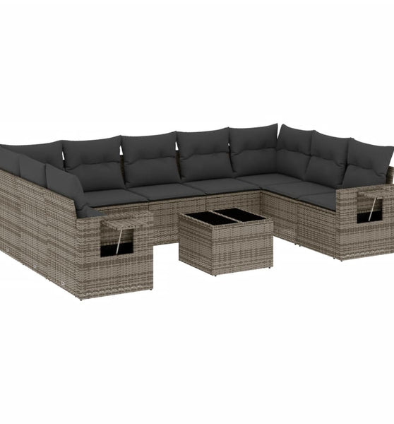 10-tlg. Garten-Sofagarnitur mit Kissen Grau Poly Rattan