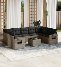 10-tlg. Garten-Sofagarnitur mit Kissen Grau Poly Rattan