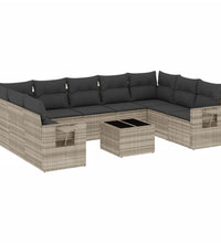 10-tlg. Garten-Sofagarnitur mit Kissen Hellgrau Poly Rattan