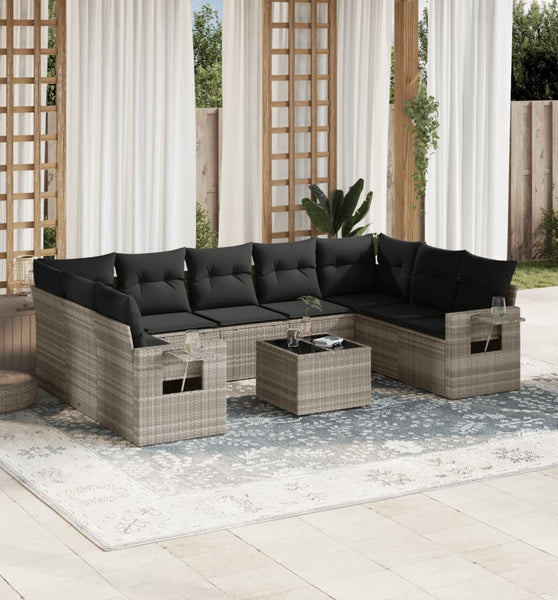 10-tlg. Garten-Sofagarnitur mit Kissen Hellgrau Poly Rattan