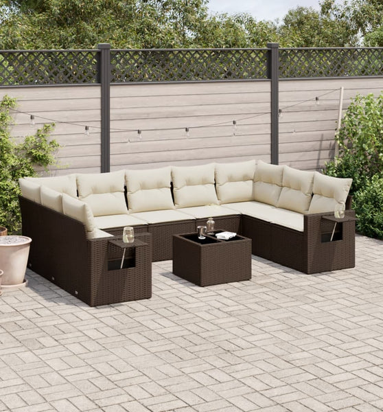 10-tlg. Garten-Sofagarnitur mit Kissen Braun Poly Rattan