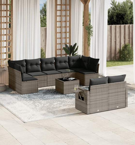 10-tlg. Garten-Sofagarnitur mit Kissen Grau Poly Rattan