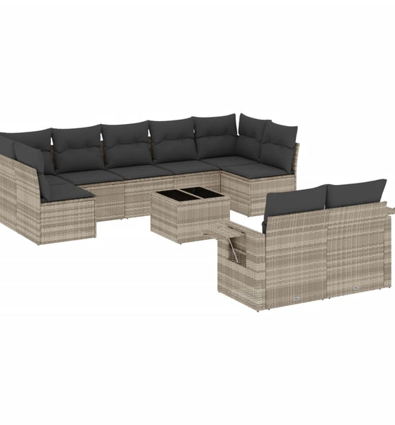 10-tlg. Garten-Sofagarnitur mit Kissen Hellgrau Poly Rattan
