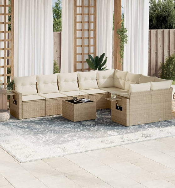 10-tlg. Garten-Sofagarnitur mit Kissen Beige Poly Rattan