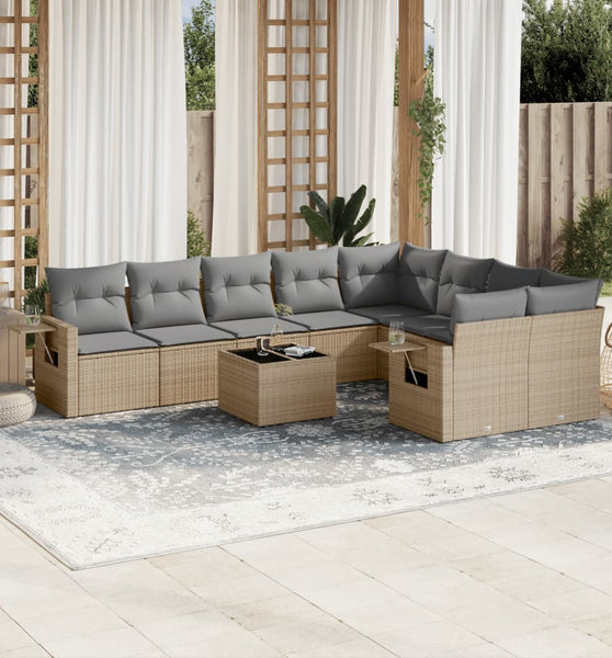10-tlg. Garten-Sofagarnitur mit Kissen Beige Poly Rattan