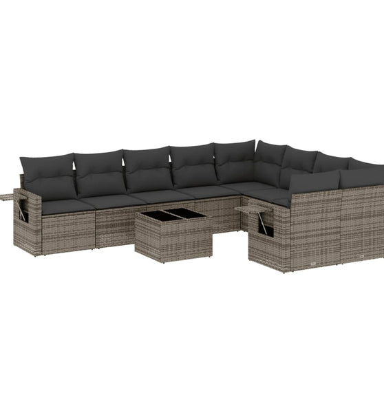 10-tlg. Garten-Sofagarnitur mit Kissen Grau Poly Rattan
