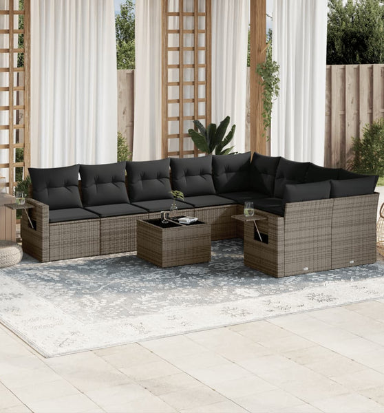10-tlg. Garten-Sofagarnitur mit Kissen Grau Poly Rattan