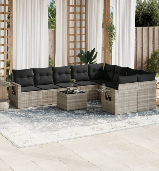 10-tlg. Garten-Sofagarnitur mit Kissen Hellgrau Poly Rattan
