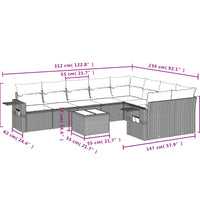 10-tlg. Garten-Sofagarnitur mit Kissen Braun Poly Rattan