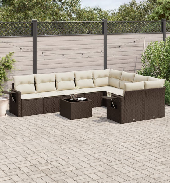 10-tlg. Garten-Sofagarnitur mit Kissen Braun Poly Rattan