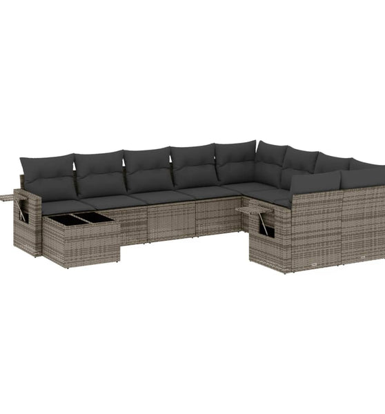 10-tlg. Garten-Sofagarnitur mit Kissen Grau Poly Rattan