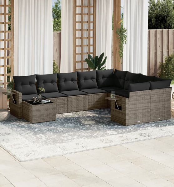 10-tlg. Garten-Sofagarnitur mit Kissen Grau Poly Rattan