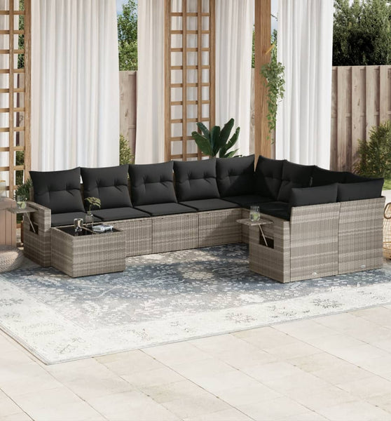 10-tlg. Garten-Sofagarnitur mit Kissen Hellgrau Poly Rattan