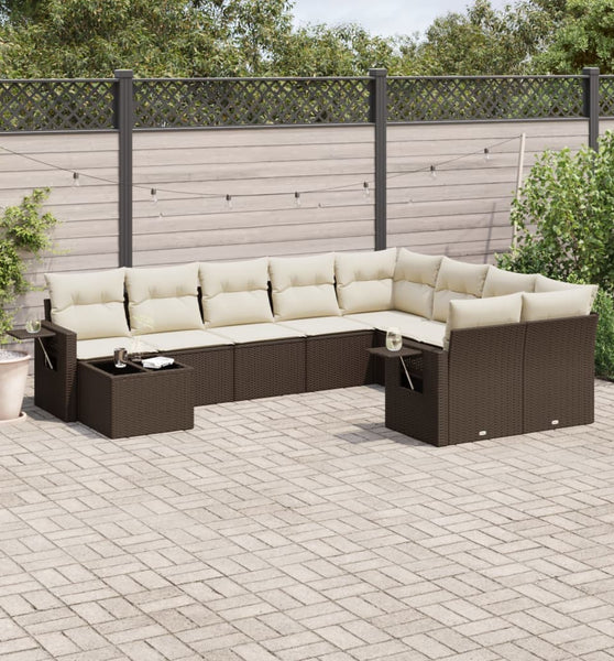 10-tlg. Garten-Sofagarnitur mit Kissen Braun Poly Rattan