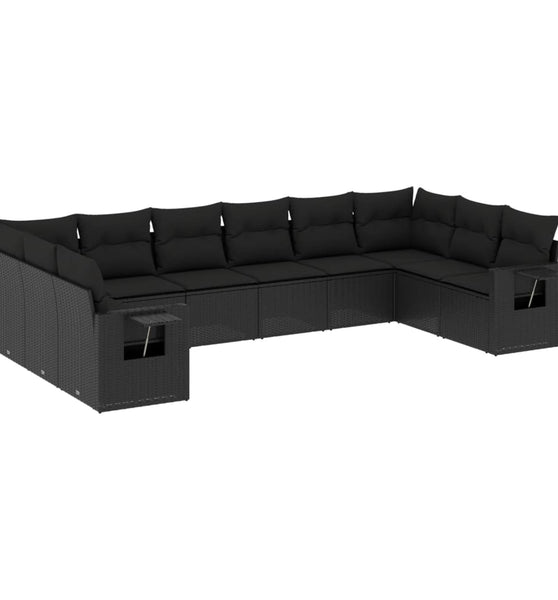 10-tlg. Garten-Sofagarnitur mit Kissen Schwarz Poly Rattan