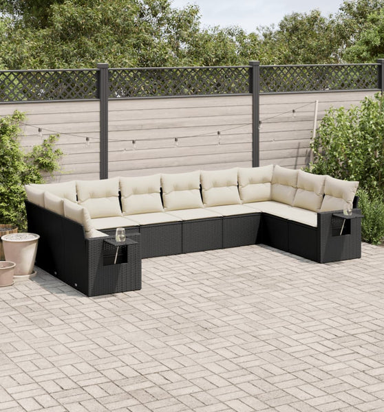 10-tlg. Garten-Sofagarnitur mit Kissen Schwarz Poly Rattan