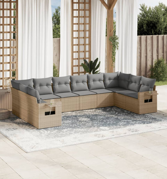10-tlg. Garten-Sofagarnitur mit Kissen Beige Poly Rattan