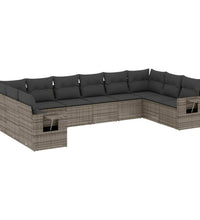 10-tlg. Garten-Sofagarnitur mit Kissen Grau Poly Rattan