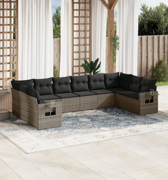 10-tlg. Garten-Sofagarnitur mit Kissen Grau Poly Rattan