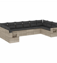10-tlg. Garten-Sofagarnitur mit Kissen Hellgrau Poly Rattan