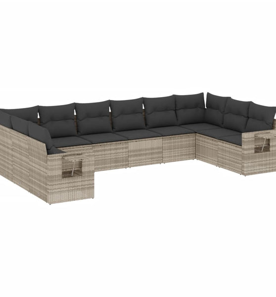 10-tlg. Garten-Sofagarnitur mit Kissen Hellgrau Poly Rattan