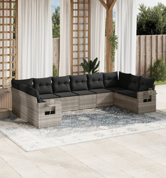 10-tlg. Garten-Sofagarnitur mit Kissen Hellgrau Poly Rattan