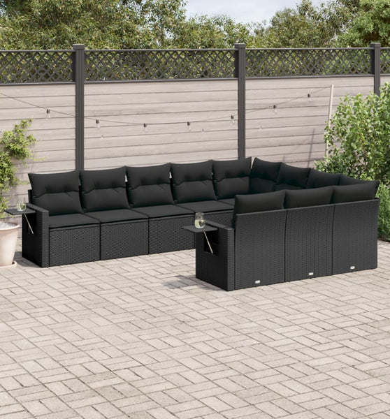 10-tlg. Garten-Sofagarnitur mit Kissen Schwarz Poly Rattan