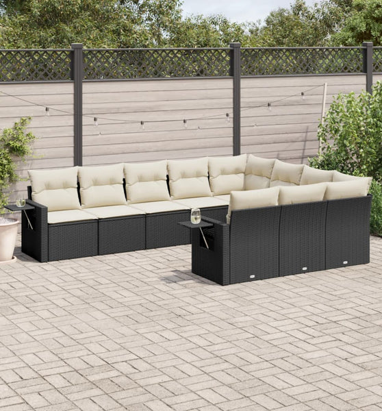 10-tlg. Garten-Sofagarnitur mit Kissen Schwarz Poly Rattan