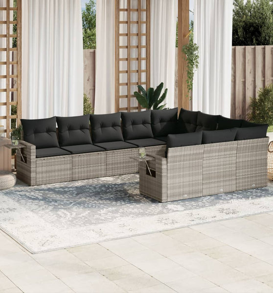 10-tlg. Garten-Sofagarnitur mit Kissen Hellgrau Poly Rattan