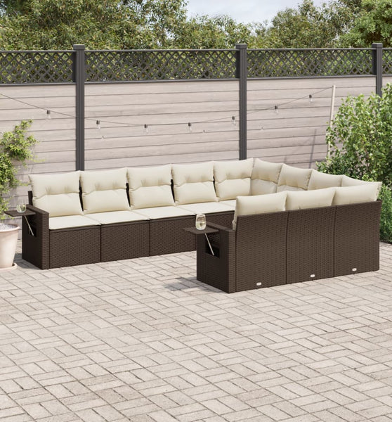 10-tlg. Garten-Sofagarnitur mit Kissen Braun Poly Rattan