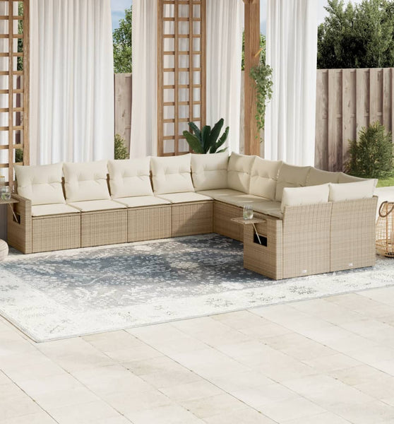 10-tlg. Garten-Sofagarnitur mit Kissen Beige Poly Rattan
