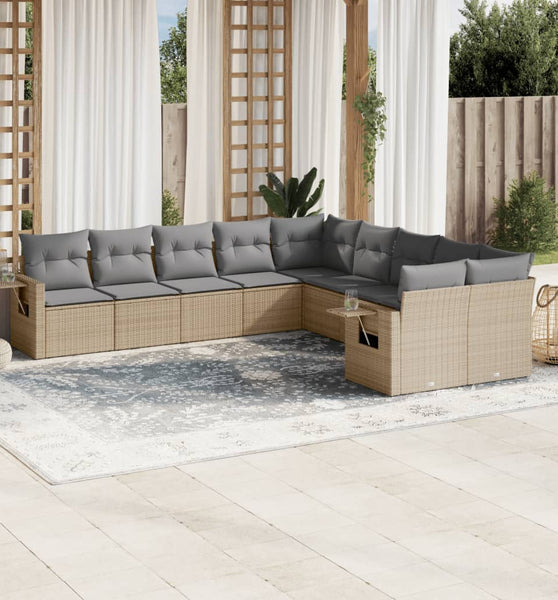 10-tlg. Garten-Sofagarnitur mit Kissen Beige Poly Rattan