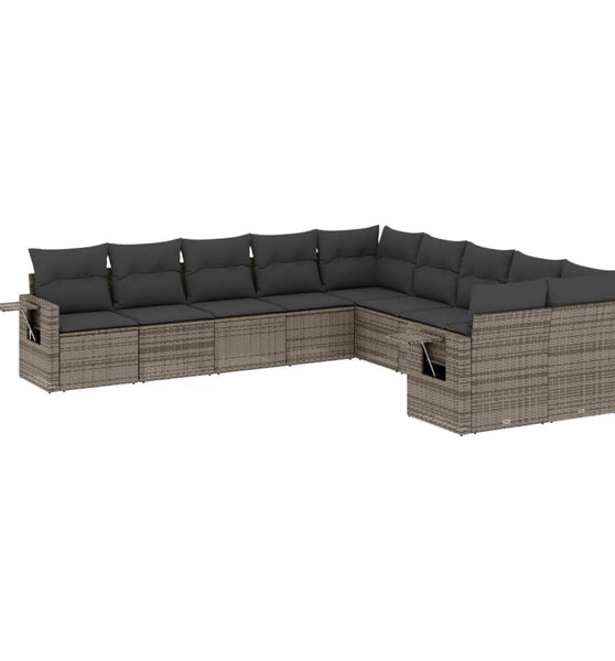 10-tlg. Garten-Sofagarnitur mit Kissen Grau Poly Rattan